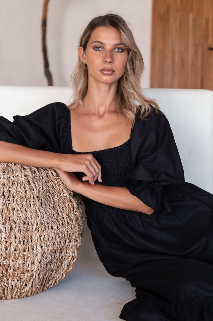 Almeria Smocked Midi Linen Dress by Bali Lane