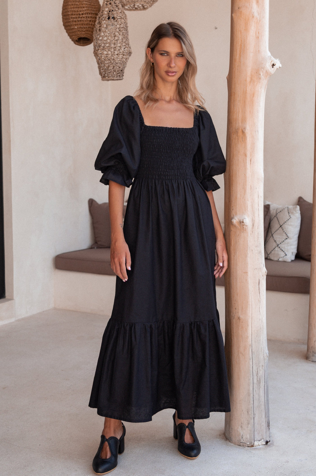 Almeria Smocked Midi Linen Dress by Bali Lane