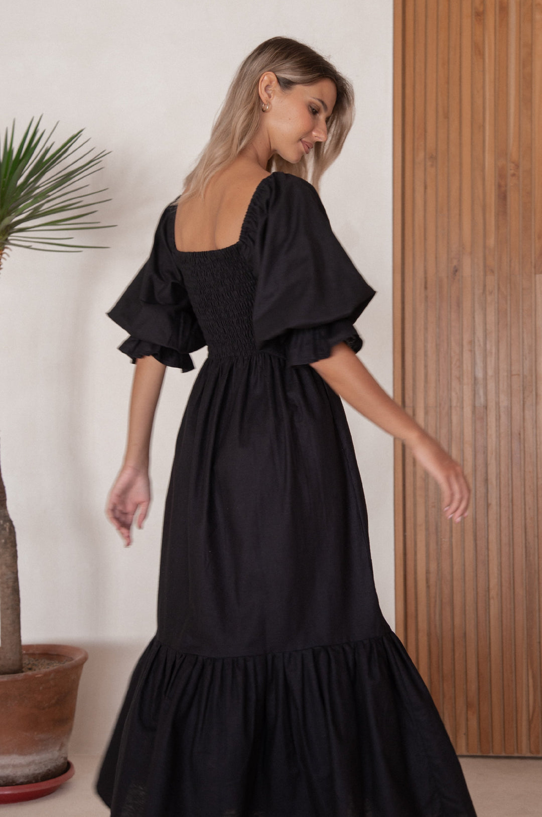 Almeria Smocked Midi Linen Dress by Bali Lane