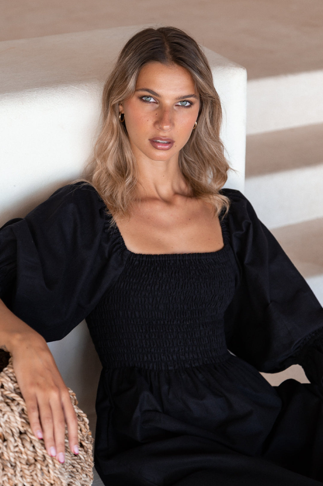 Almeria Smocked Midi Linen Dress by Bali Lane