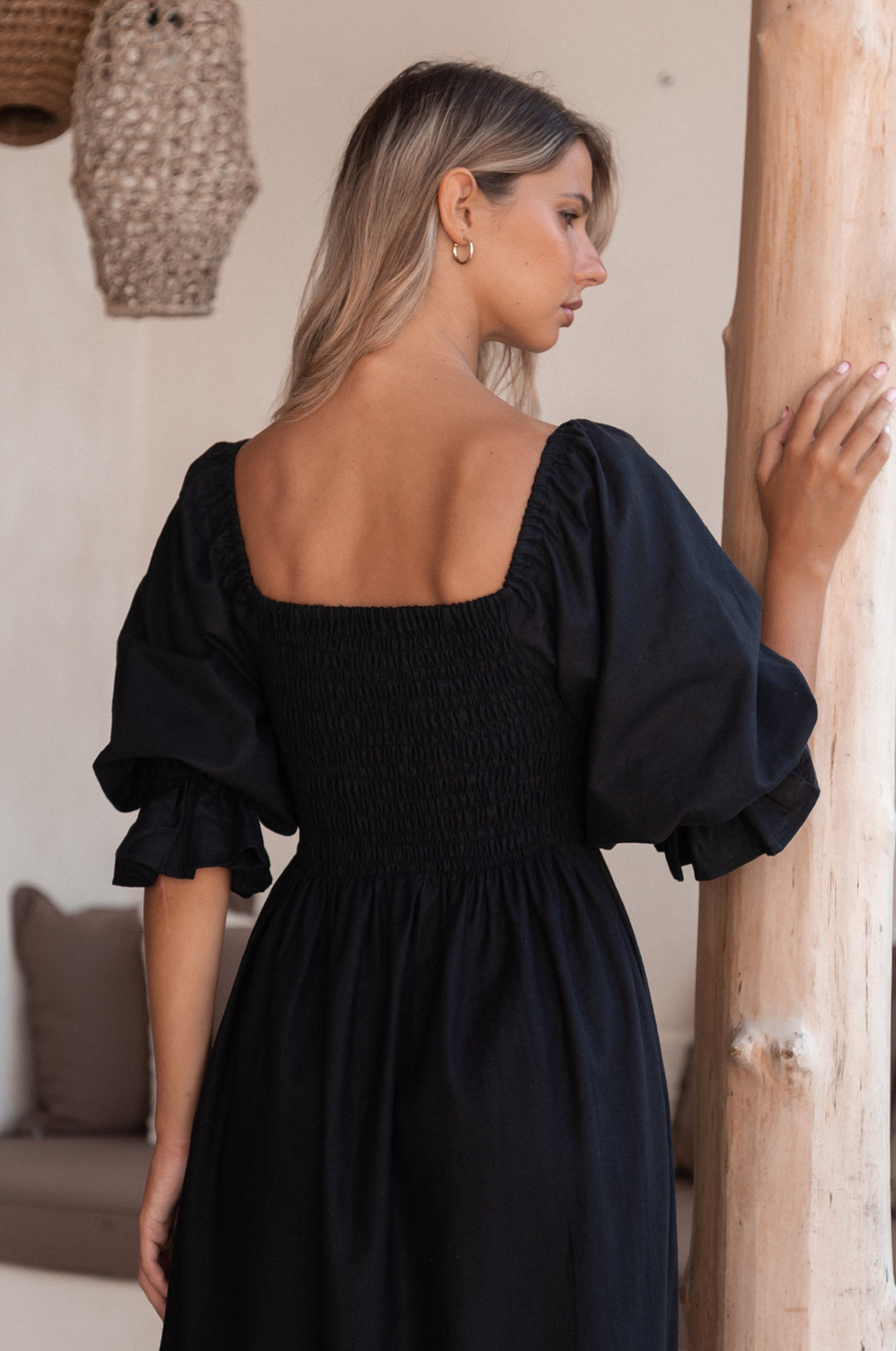 Almeria Smocked Midi Linen Dress by Bali Lane