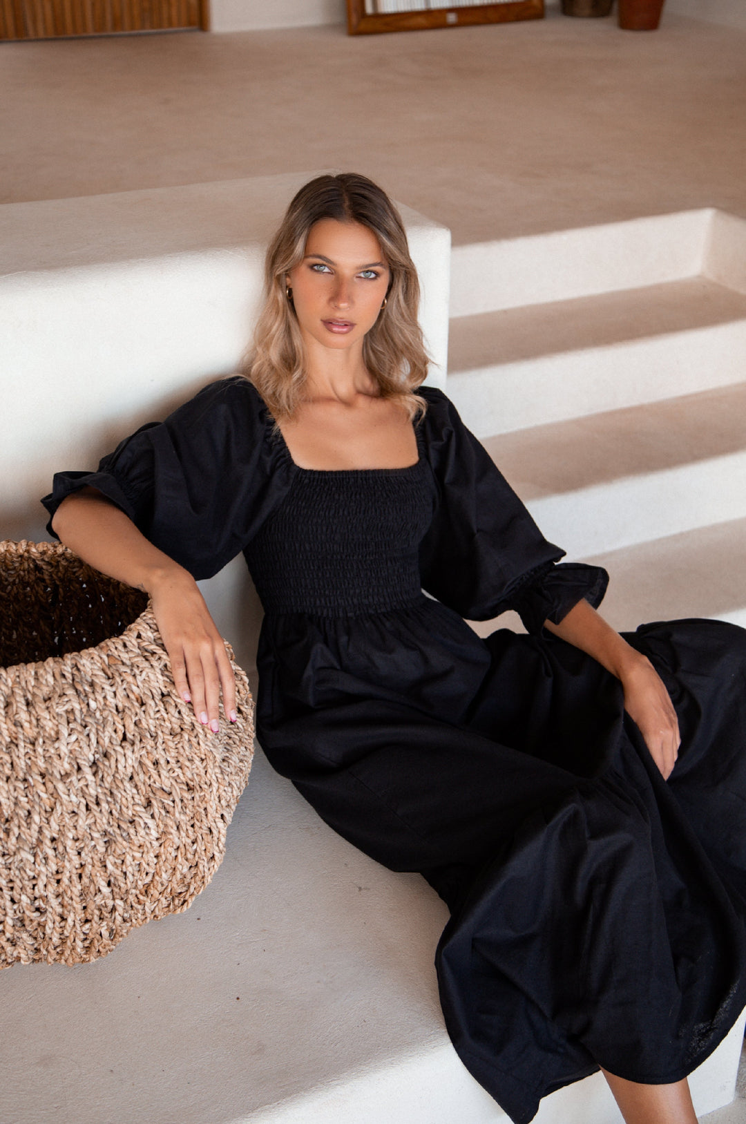 Almeria Smocked Midi Linen Dress by Bali Lane