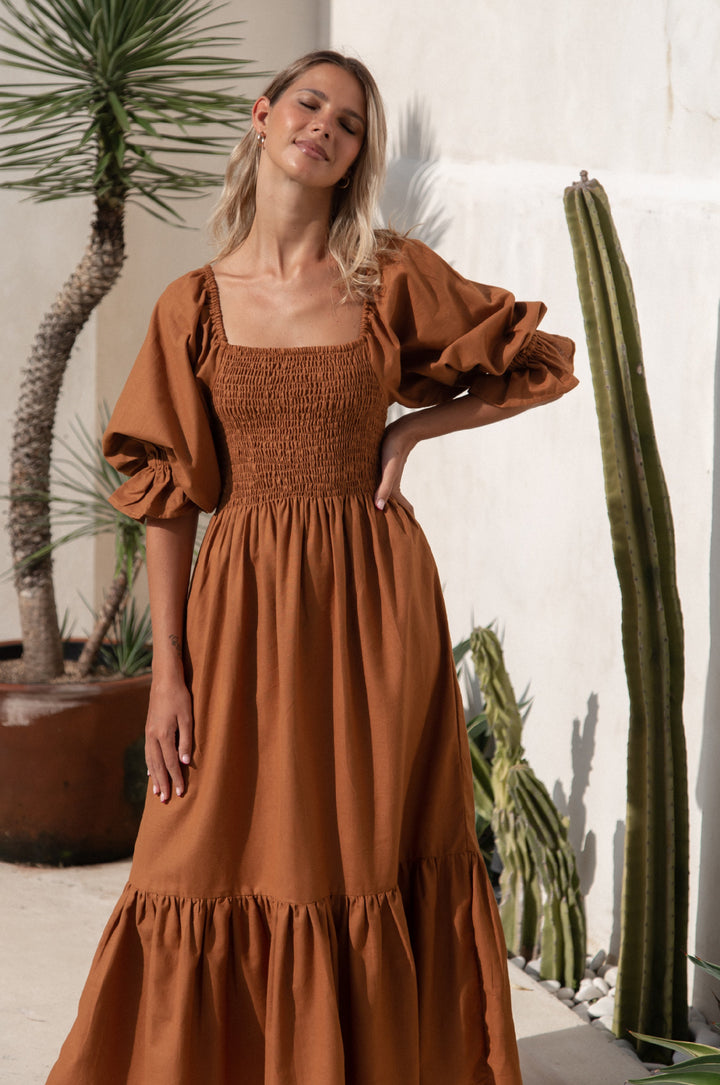 Almeria Smocked Midi Linen Dress by Bali Lane