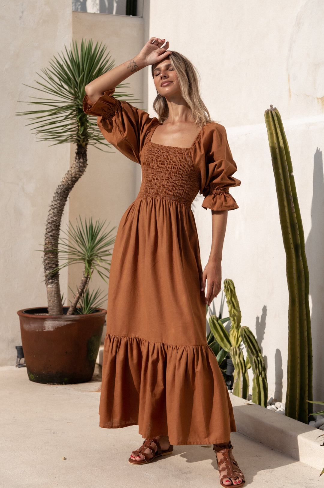 Almeria Smocked Midi Linen Dress by Bali Lane