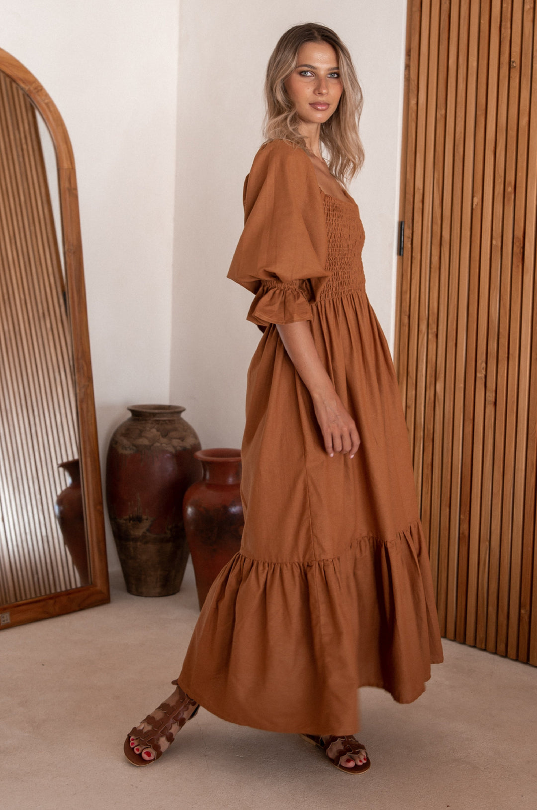 Almeria Smocked Midi Linen Dress by Bali Lane