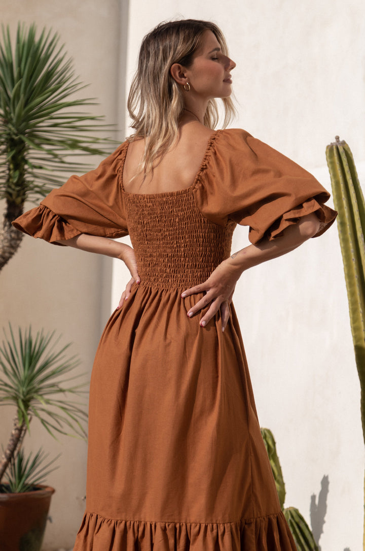 Almeria Smocked Midi Linen Dress by Bali Lane
