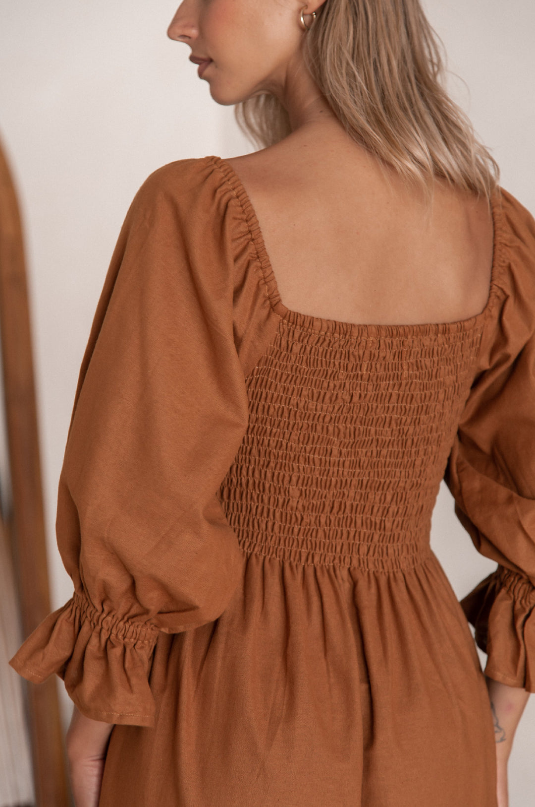 Almeria Smocked Midi Linen Dress by Bali Lane