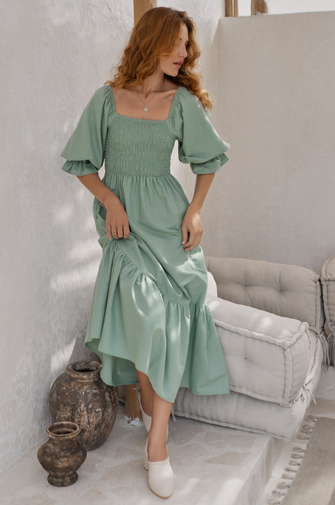 Almeria Smocked Midi Linen Dress by Bali Lane