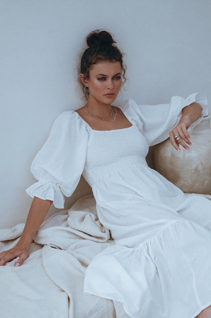 Almeria Smocked Midi Linen Dress by Bali Lane