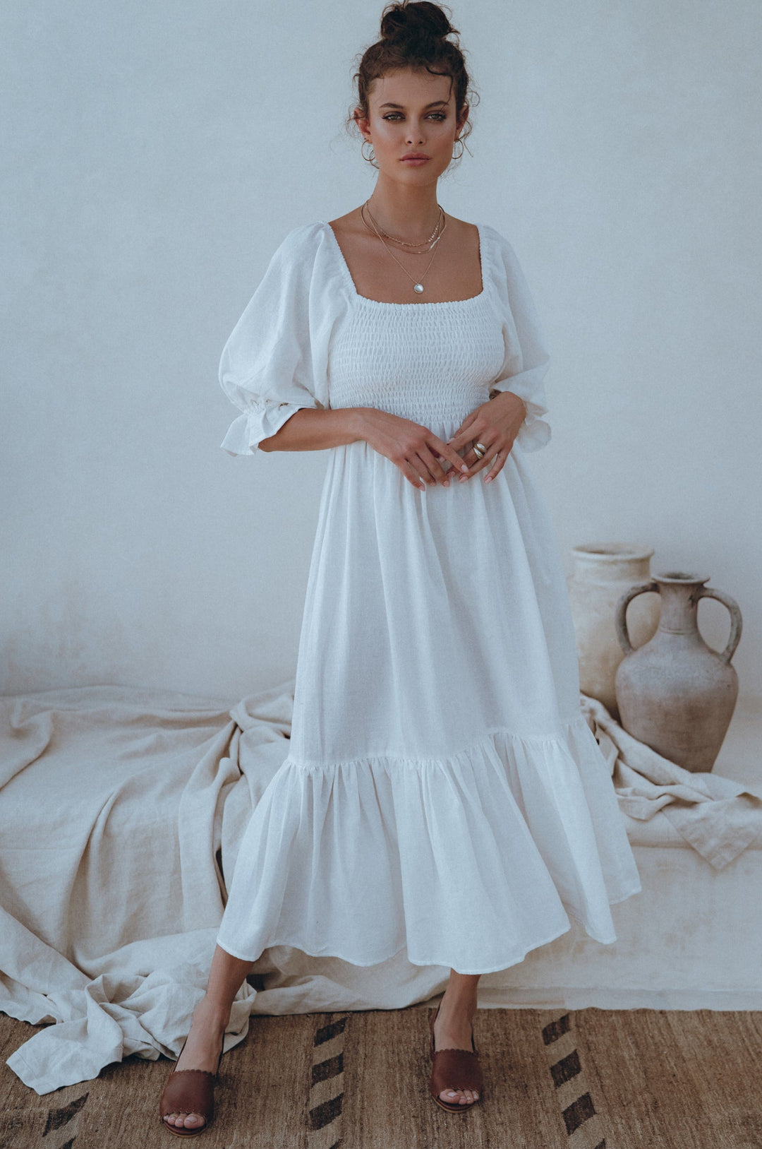 Almeria Smocked Midi Linen Dress by Bali Lane
