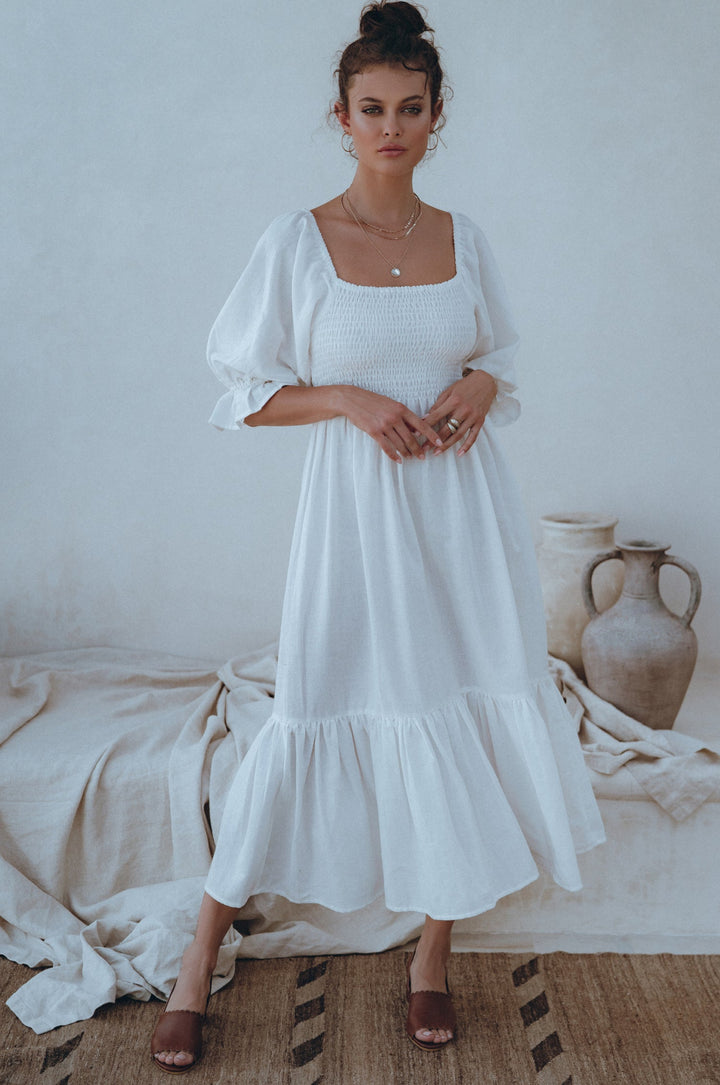 Almeria Smocked Midi Linen Dress by Bali Lane