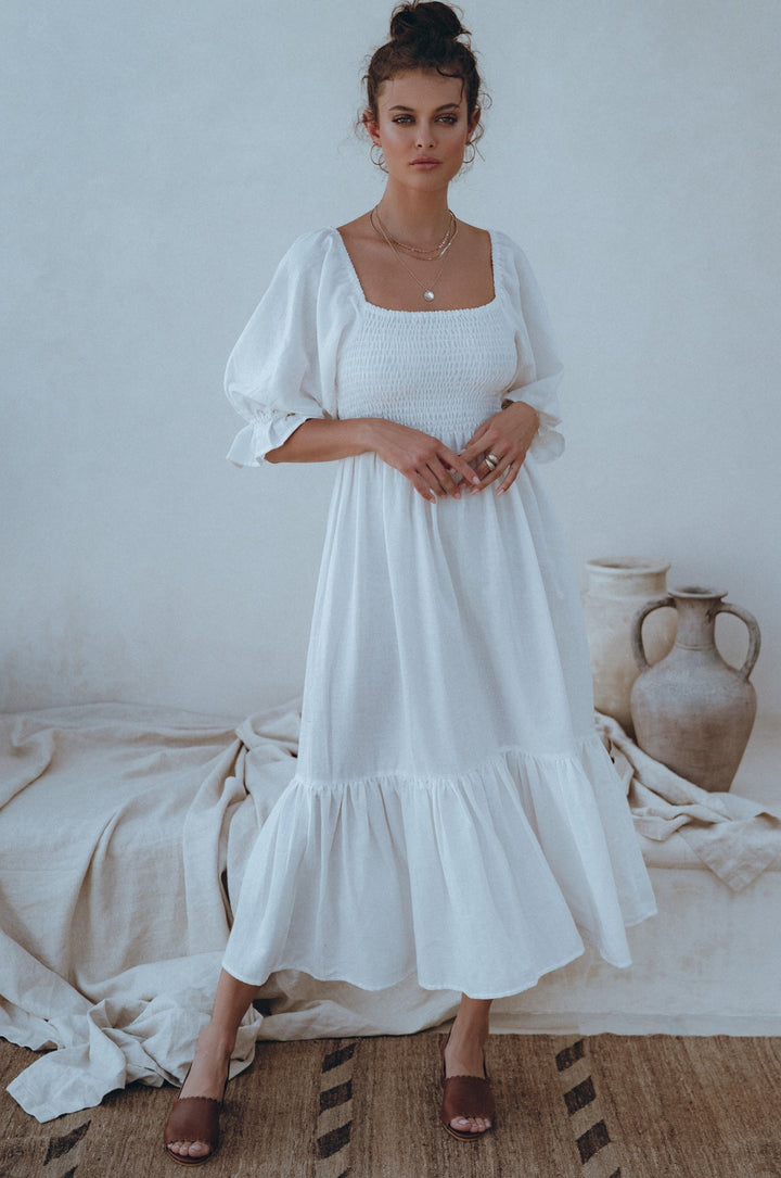 Almeria Smocked Midi Linen Dress by Bali Lane