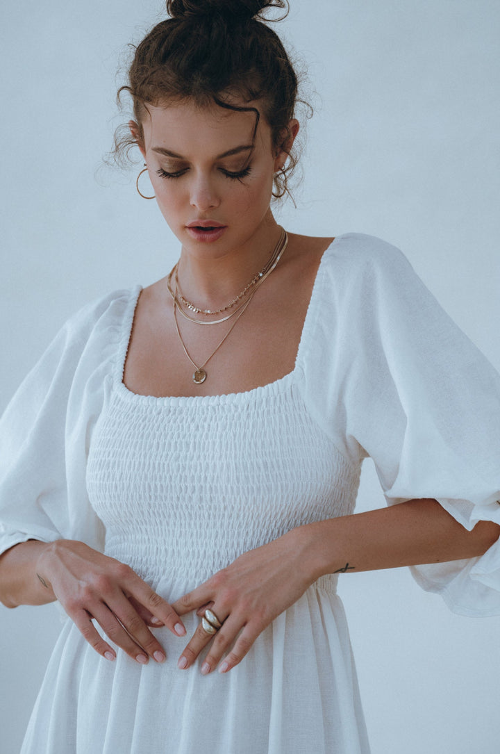 Almeria Smocked Midi Linen Dress by Bali Lane