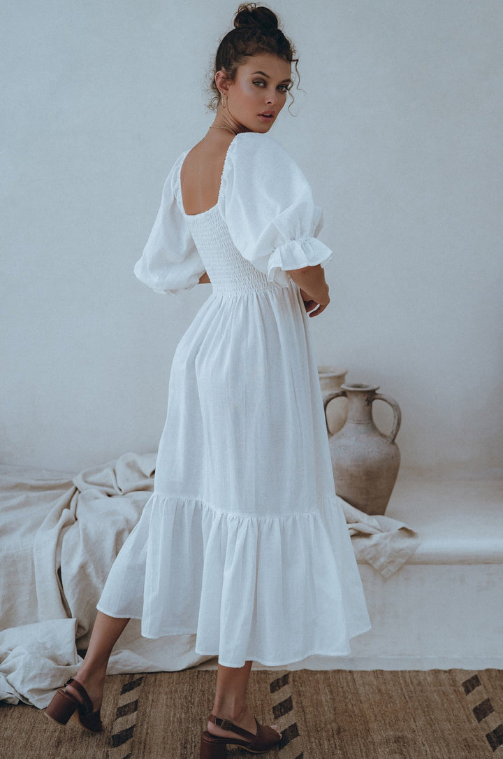 Almeria Smocked Midi Linen Dress by Bali Lane