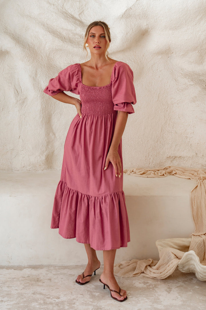 Almeria Smocked Midi Linen Dress by Bali Lane