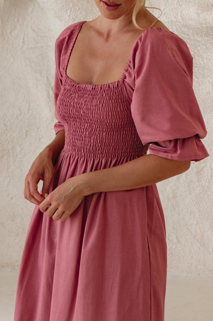 Almeria Smocked Midi Linen Dress by Bali Lane