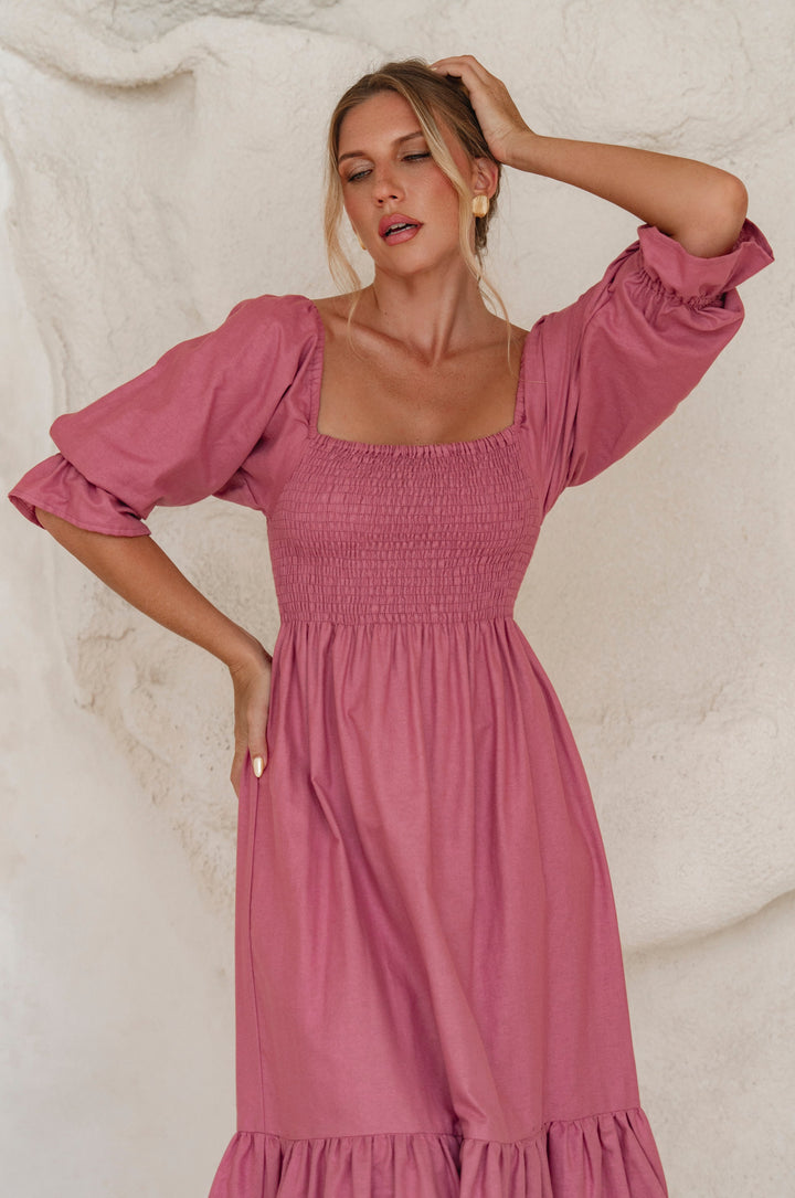 Almeria Smocked Midi Linen Dress by Bali Lane