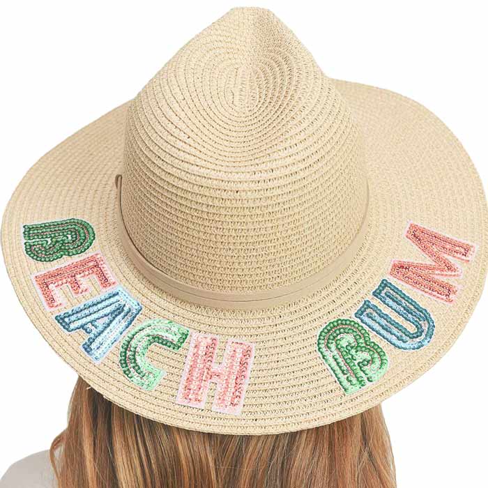 Beach Bum Sequin Message Straw Panama Sun Hat by Madeline Love