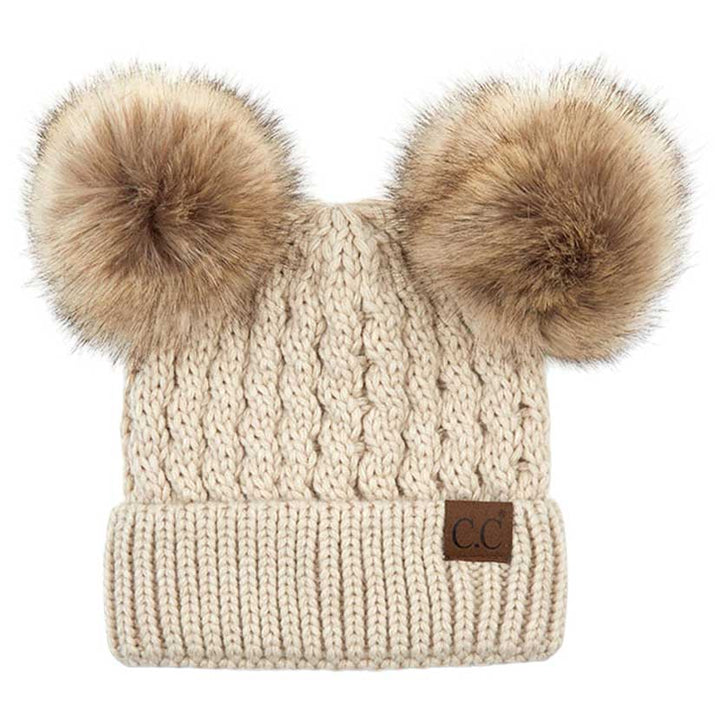 C.C Double Pom Pom All Over Cable Knit Beanie Hat by Madeline Love