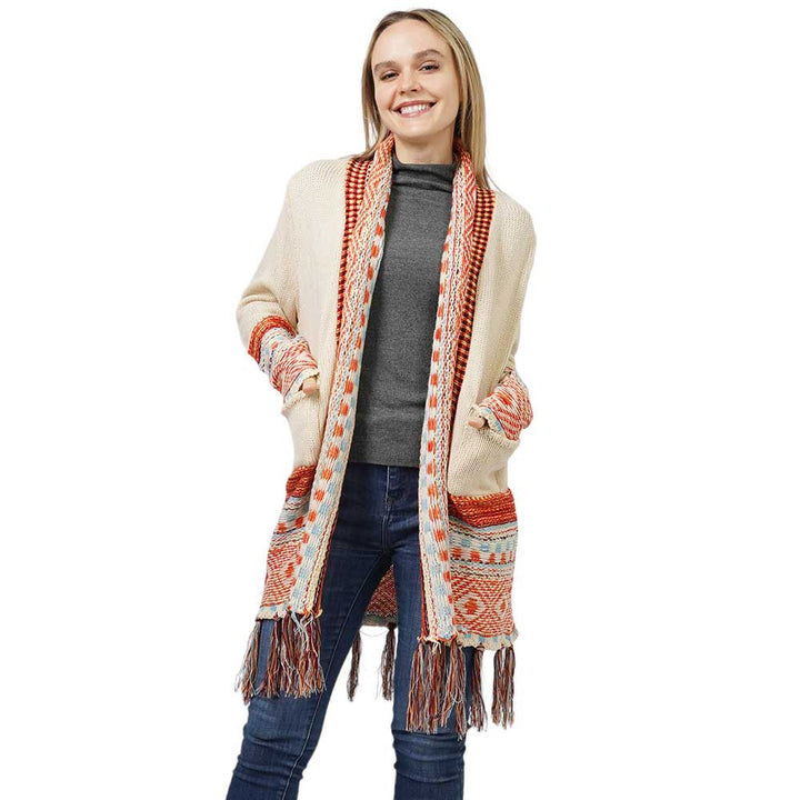 Ethnic Patterned Front Pocket Sweater Cardigan by Madeline Love