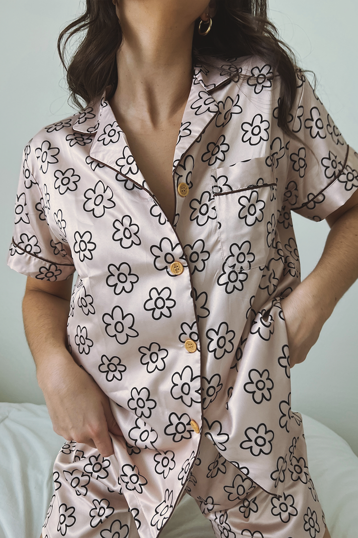 Beige Daisy Satin Pajamas by Spikes and Seams