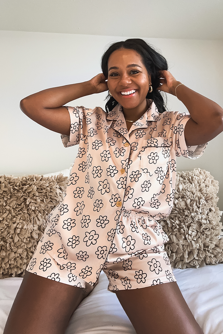 Beige Daisy Satin Pajamas by Spikes and Seams