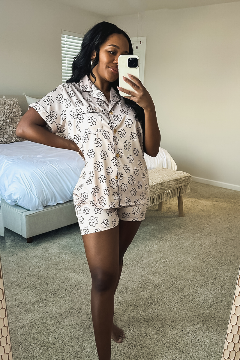 Beige Daisy Satin Pajamas by Spikes and Seams