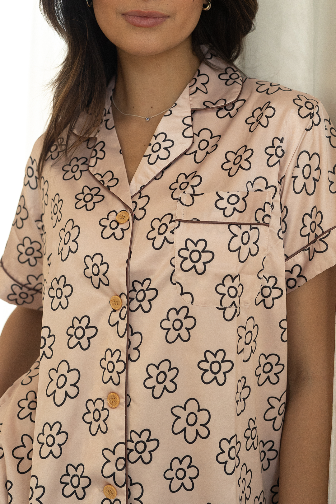 Beige Daisy Satin Pajamas by Spikes and Seams