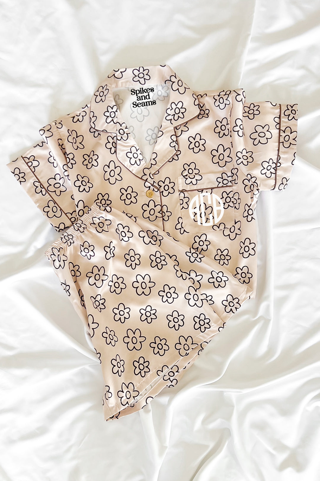 Beige Daisy Satin Pajamas by Spikes and Seams