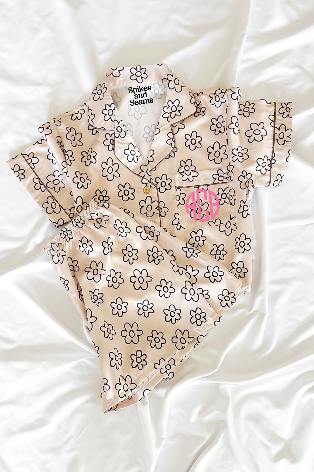 Beige Daisy Satin Pajamas by Spikes and Seams