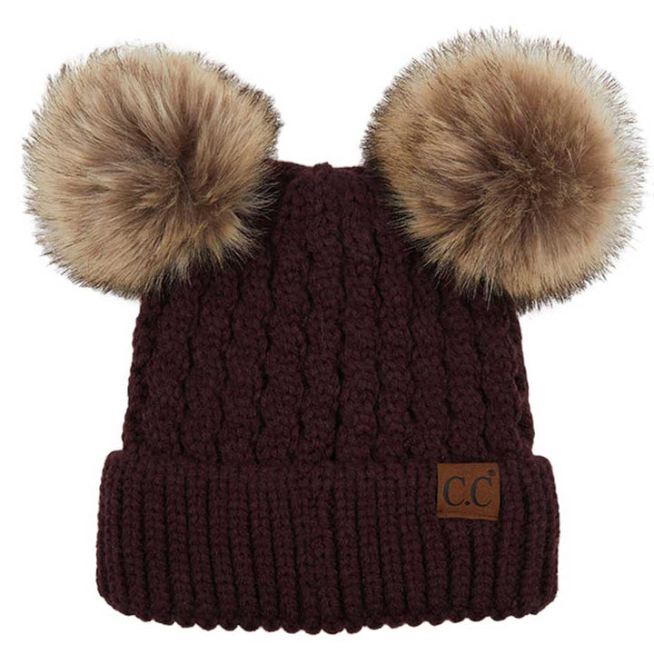 C.C Double Pom Pom All Over Cable Knit Beanie Hat by Madeline Love