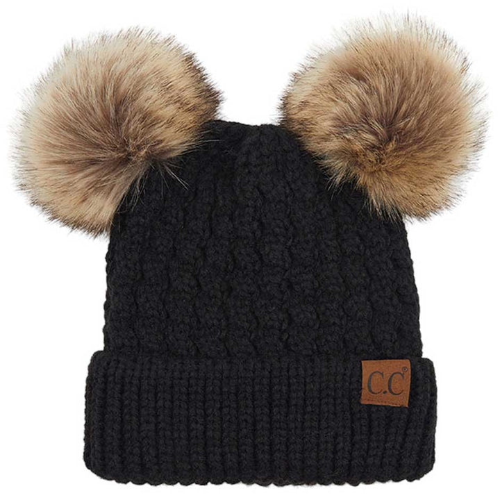 C.C Double Pom Pom All Over Cable Knit Beanie Hat by Madeline Love