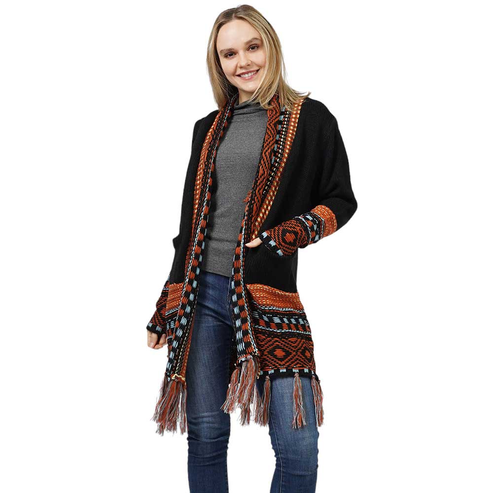 Ethnic Patterned Front Pocket Sweater Cardigan by Madeline Love