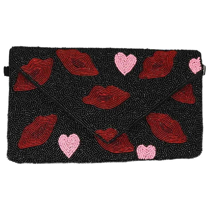 Lips And Hearts Seed Beaded Clutch by Madeline Love