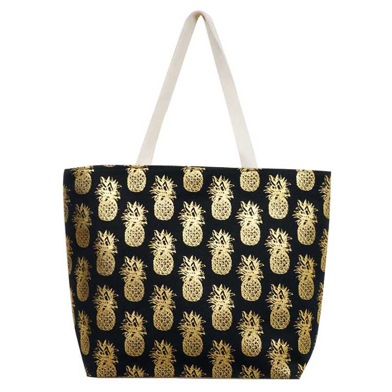 Metallic Pineapple Patterned Beach Tote Bag by Madeline Love