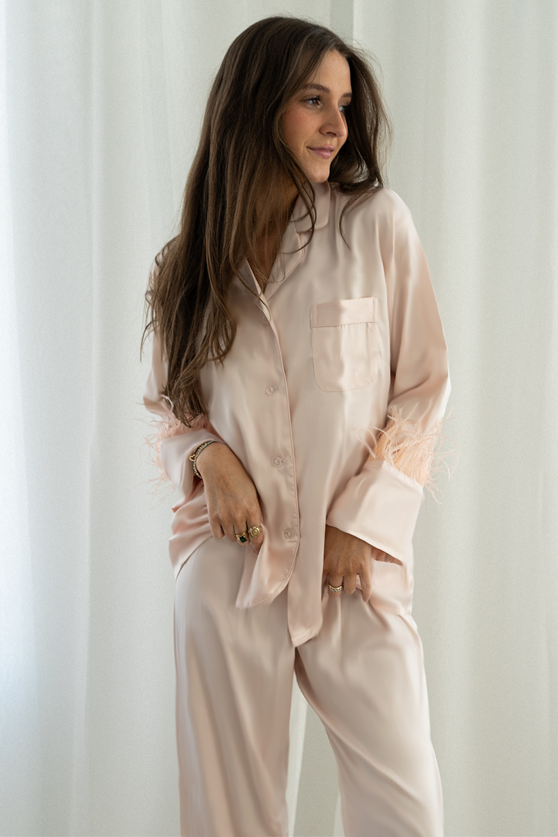 Blush Feather Satin Pants Set by Spikes and Seams