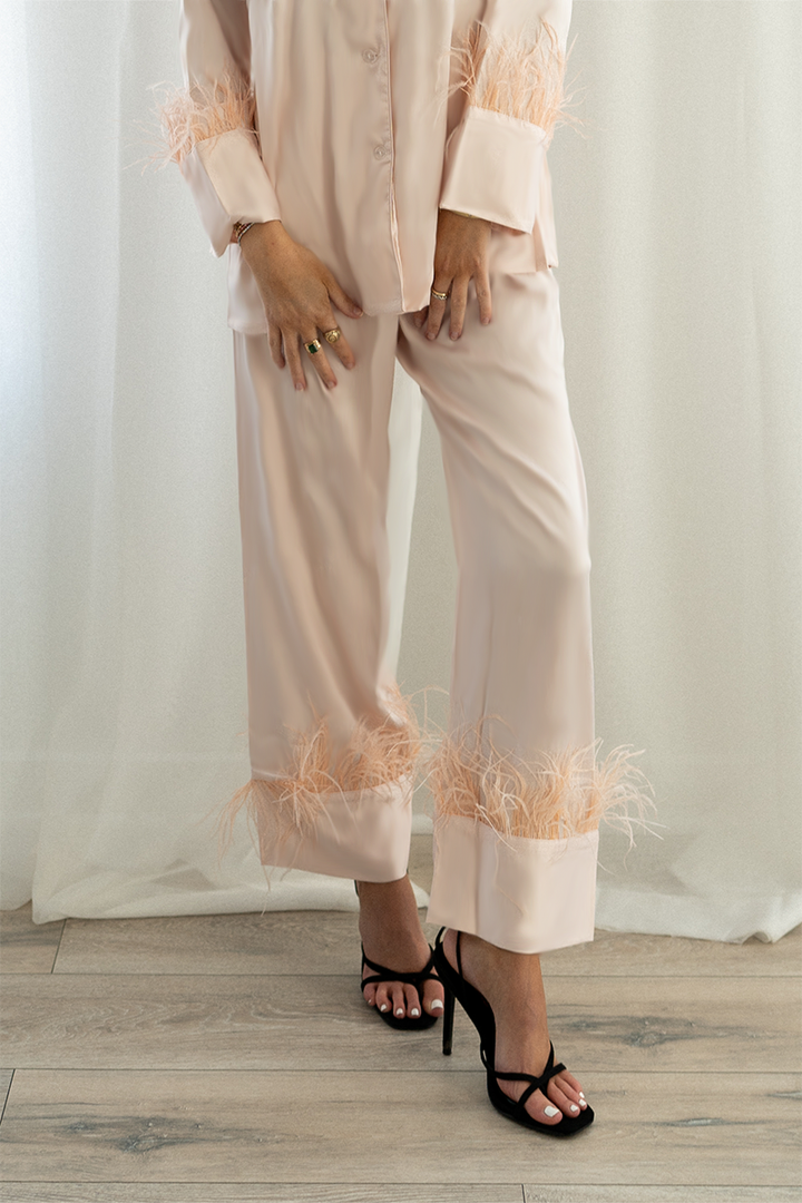Blush Feather Satin Pants Set by Spikes and Seams