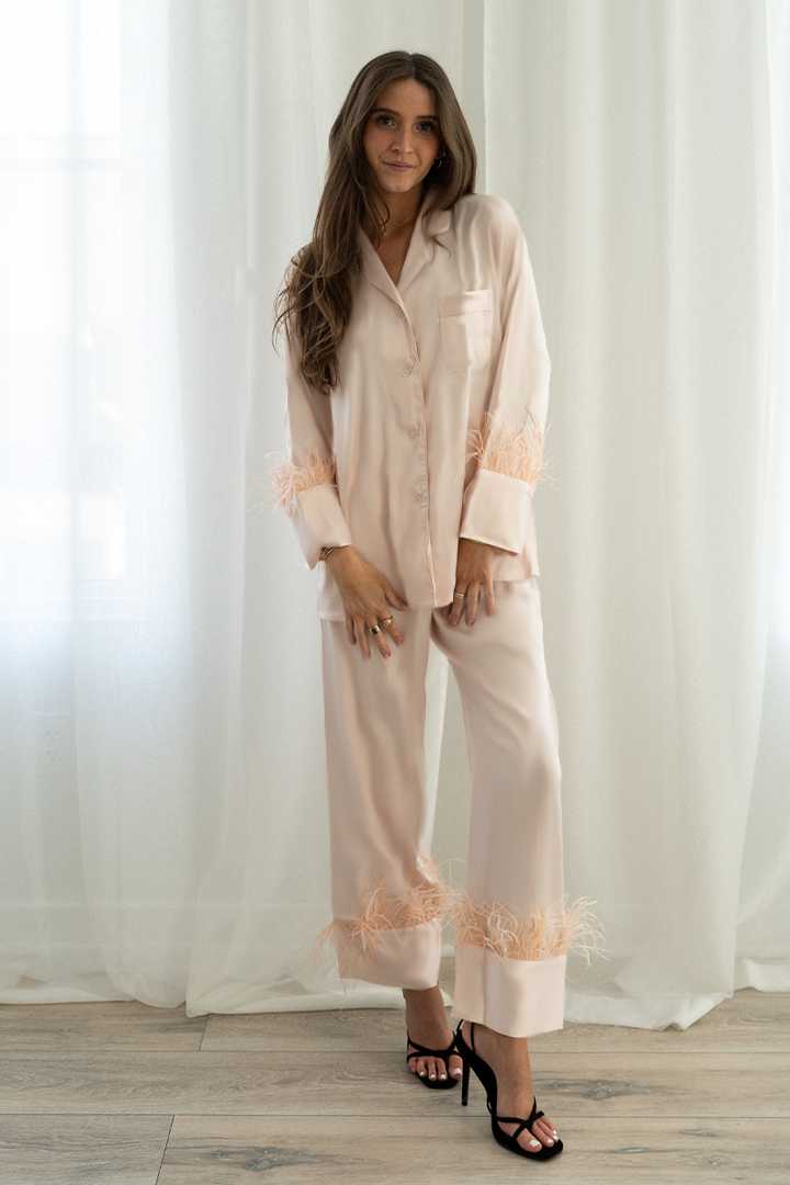 Blush Feather Satin Pants Set by Spikes and Seams