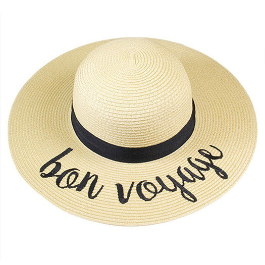 "Bon Voyage" Embroidery Straw Floppy Sun Hat by Madeline Love