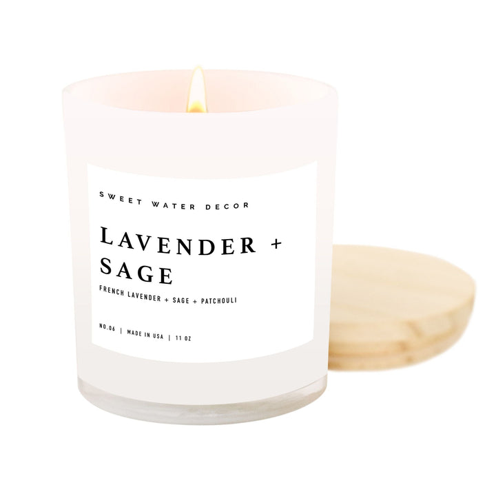 Lavender and Sage Soy Candle - White Jar - 11 oz by Sweet Water Decor