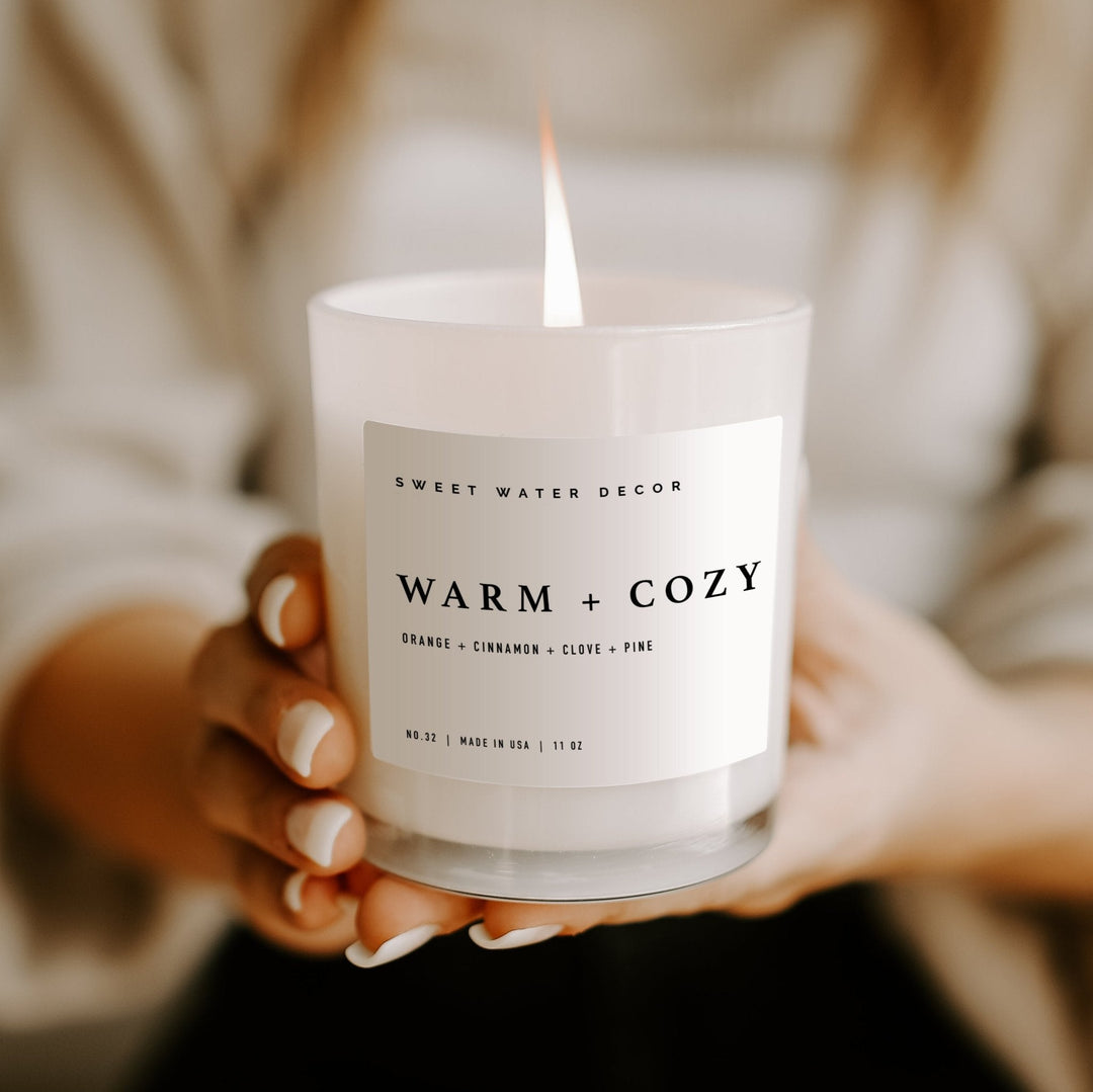 Warm and Cozy Soy Candle - White Jar - 11 oz by Sweet Water Decor