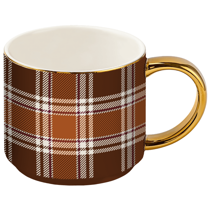 Brown Plaid 14 oz Gold Handle Coffee Mug