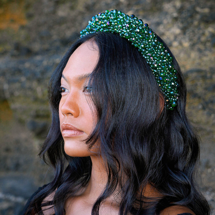 CROWN Glass Crystal Beads Headband In Emerald Green