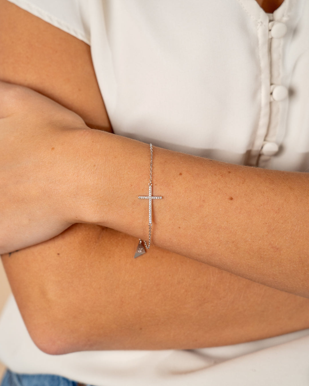 Sterling Silver Sideways CZ Cross Bracelet by Sterling Forever