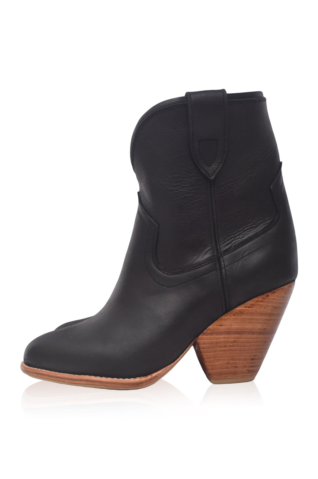 Black ankle boot with wooden heel on a white background