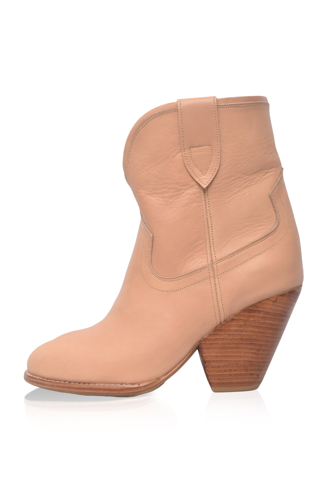 Tan ankle boot with wooden heel on a white background
