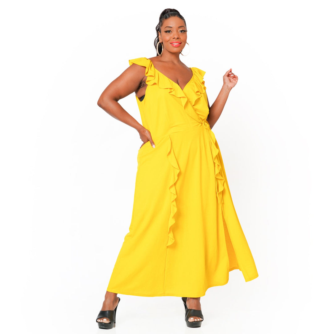 Plus Size Ruffle Trim Wrapped Maxi Dress in Mustard Pomp and Port Plus Size Ruffle Trim Wrapped Maxi Dress in Mustard Pomp and Port