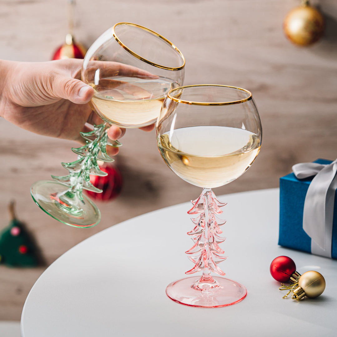 Crystal Christmas Holiday Tree Stemmed Wine Glass - Pink & Green - 12oz Goblet Bordeaux Gold Rim Colored Glassware, Cheerful Party Festive New Years Cheer for Holiday Gift Xmas & Winter Season by The Wine Savant