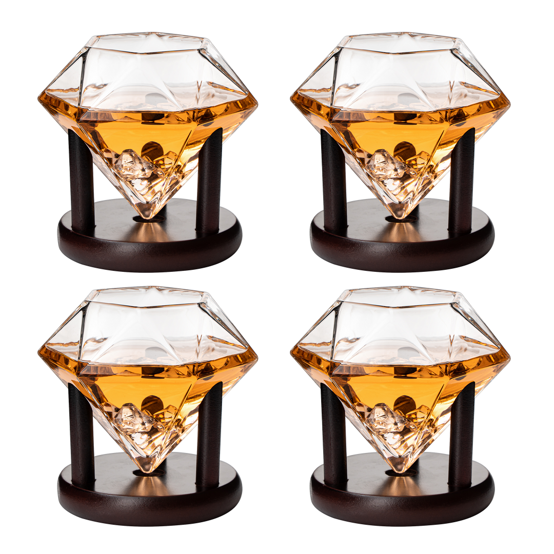 Set of 4 Diamond Whiskey & Wine Glasses With Wood Stands 10oz