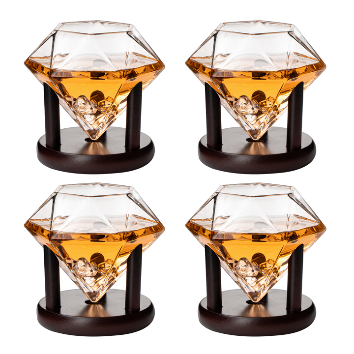 Set of 4 Diamond Whiskey & Wine Glasses With Wood Stands 10oz